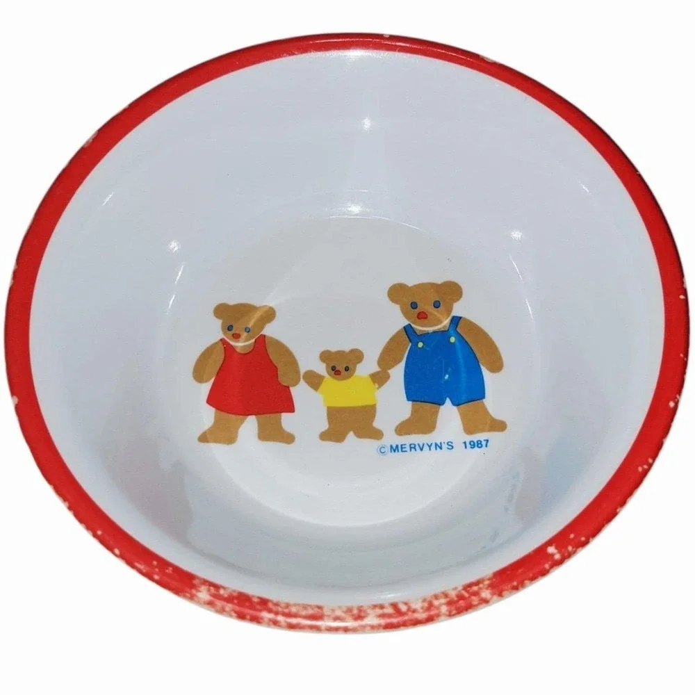 Vintage 1987 Mervyn's Teddy Bear Baby Feeding Set Plate Bowl Cup Bib Spoon